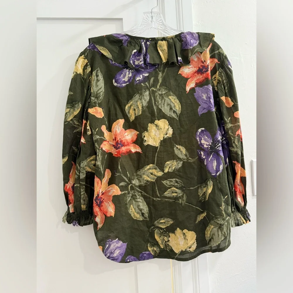 NWT Lauren Ralph Lauren dark green button down puff sleeve top w/ floral pattern - Picture 8 of 10
